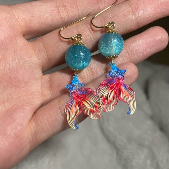 Jewelry - Blue Glitter Ball Earrings with Multicolor Fish Dangles
